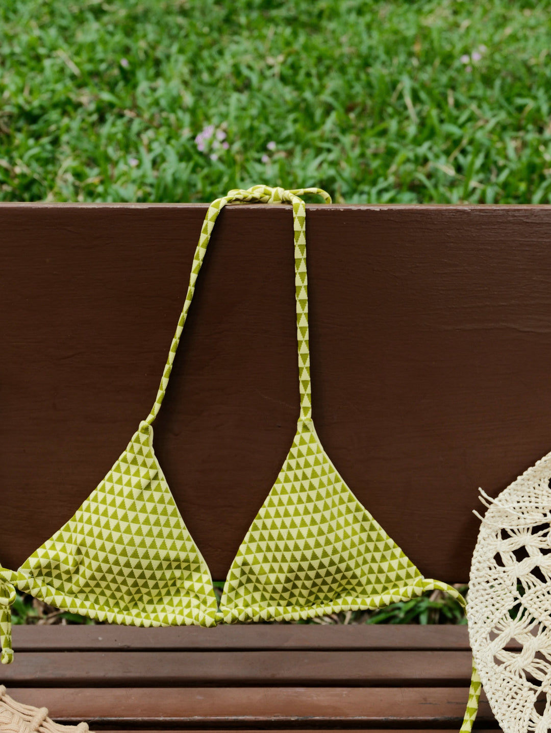 Green Recycled Fabric Triangular Grid Pattern Triangle Top & Cheeky Brazilian Bottom Bikini Set