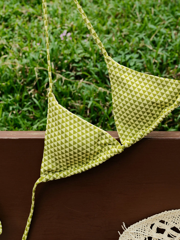 Green Recycled Fabric Triangular Grid Pattern Cheeky Boyshorts Bikini Set