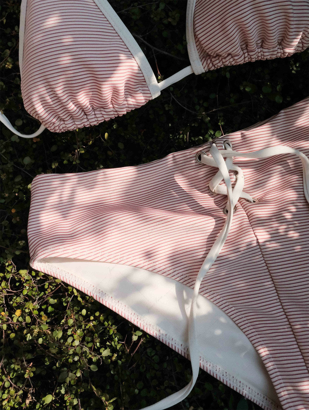 Cherry Red Striped Grommet Lace Up Bikini Bottom