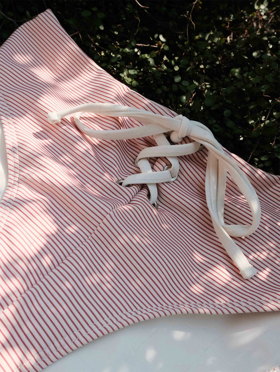 Cherry Red Striped Grommet Lace Up Bikini Bottom