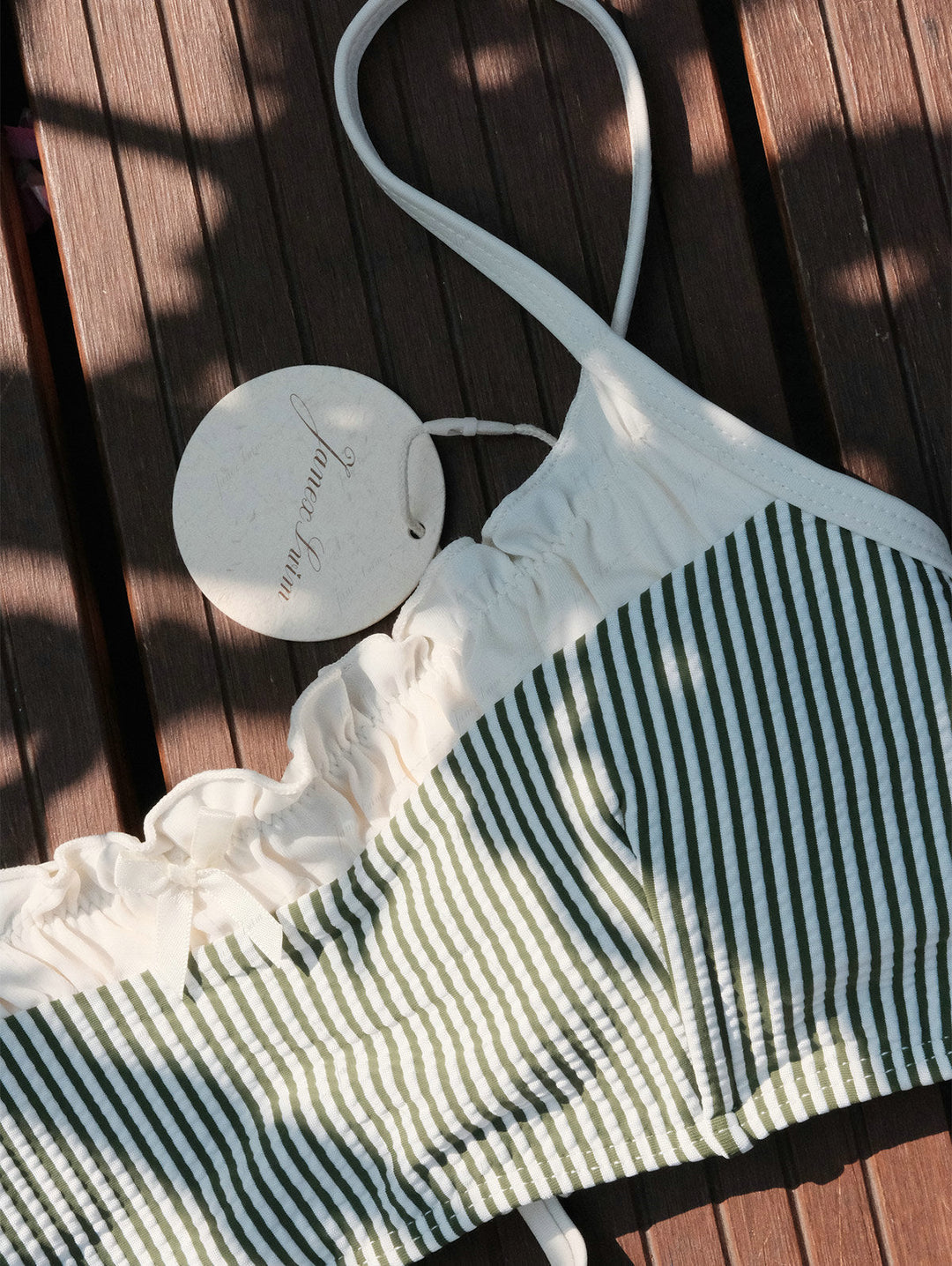 Green Striped Spliced Ruched Ruffles Bowknot Skirtini Bikini Set