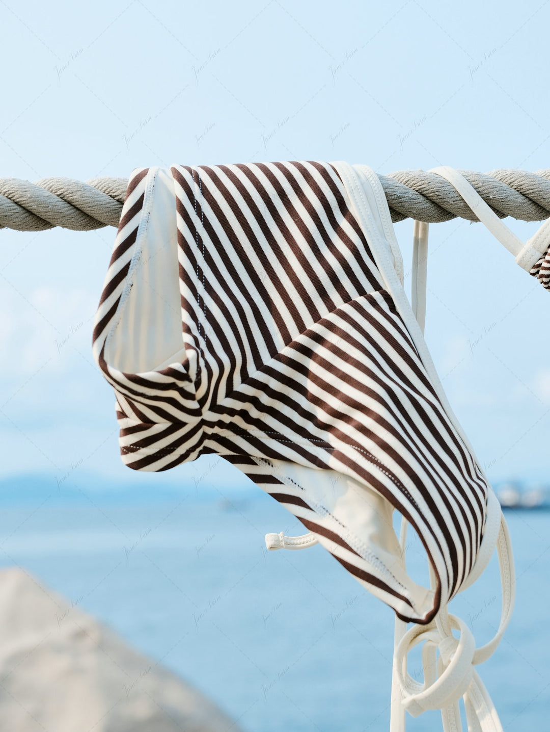 Brown Ribbed Knit Striped Contrast Binding Cheeky Boyshorts Bikini Set