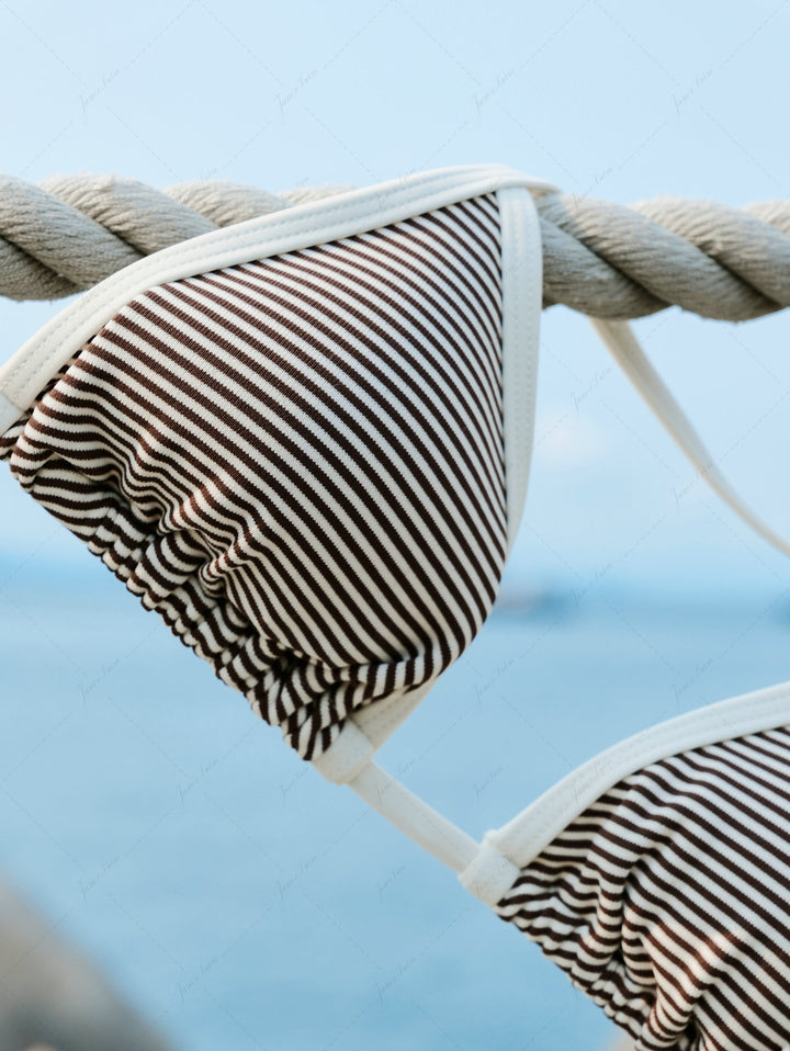 Brown Ribbed Knit Striped Contrast Binding Cheeky Boyshorts Bikini Set