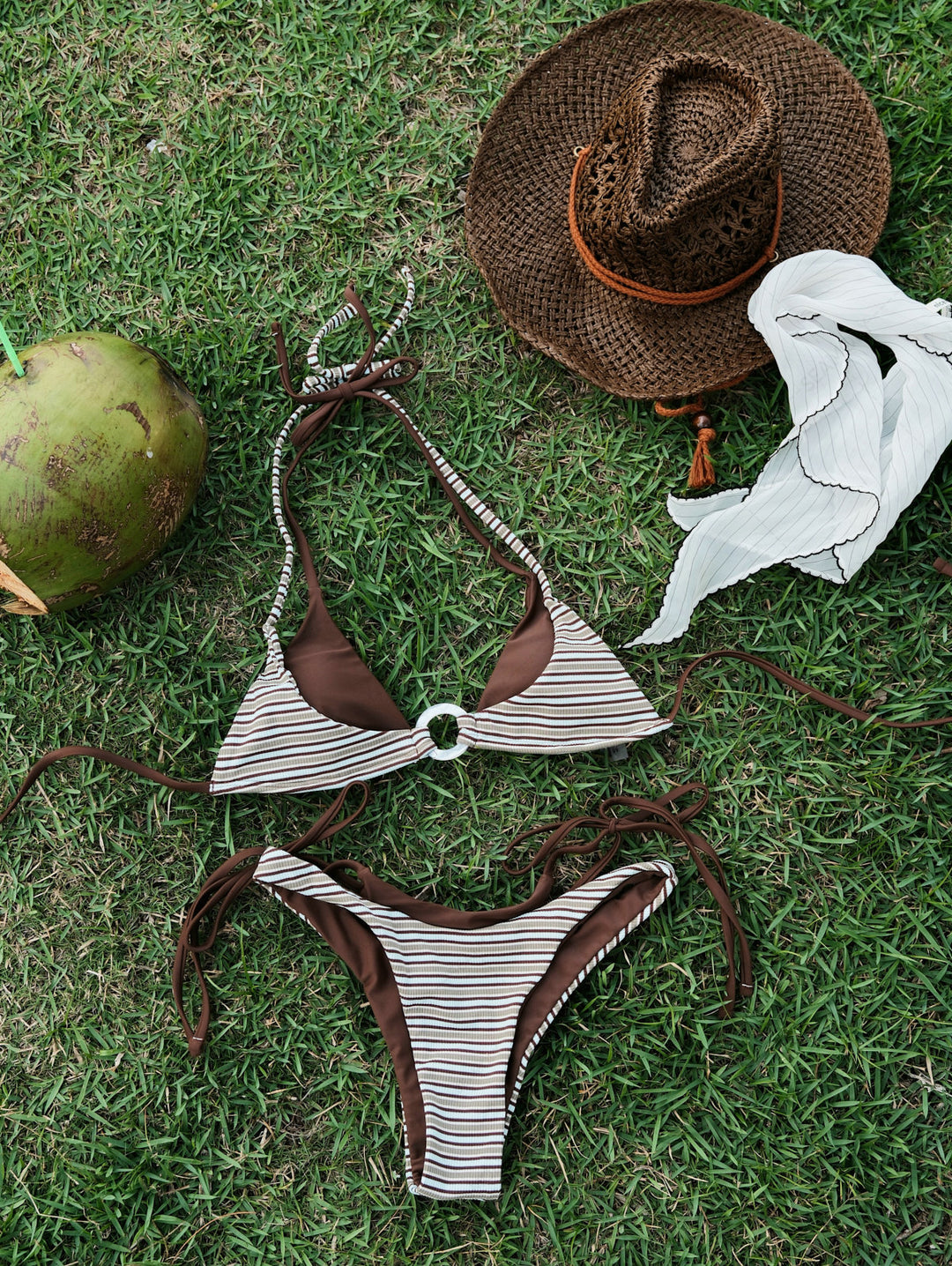 Seamolly Contrast Color Striped O Ring Double Layer Bikini Set