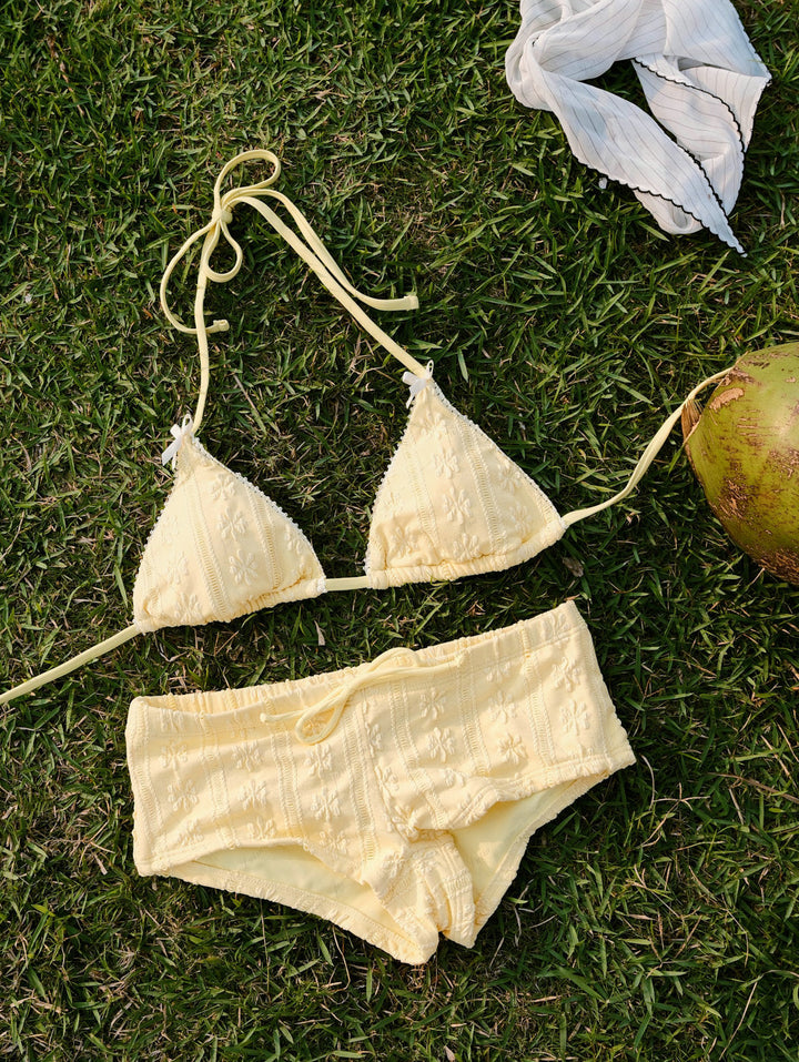 Janex Yellow Floral Jacquard Textured Lace Bowknot Triangle Bikini Set