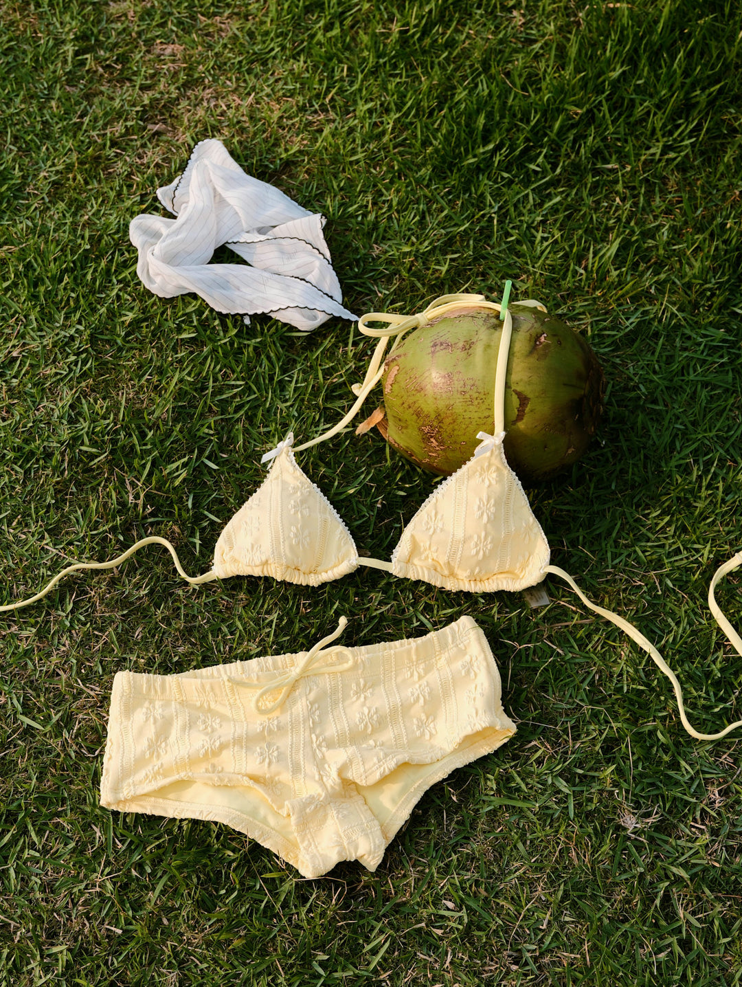 Janex Yellow Floral Jacquard Textured Lace Bowknot Triangle Bikini Set
