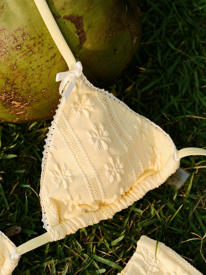 Janex Yellow Floral Jacquard Textured Lace Bowknot Triangle Bikini Set