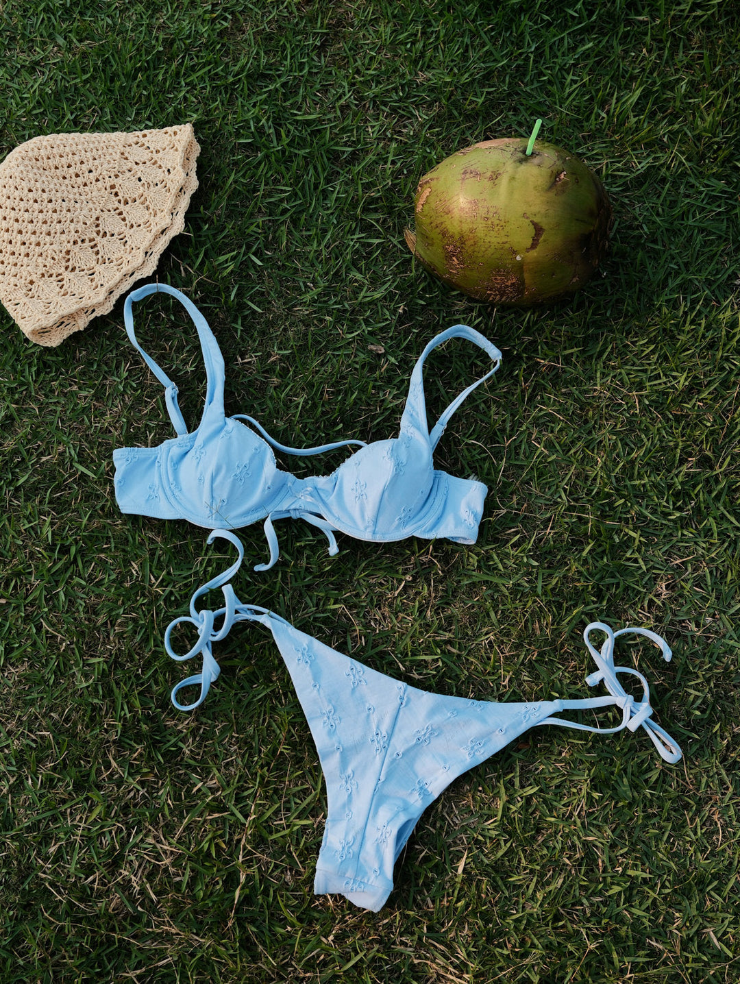 Light Blue Recycled Fabric Jacquard Underwire Top & Cheeky Brazilian Bottom Bikini Set