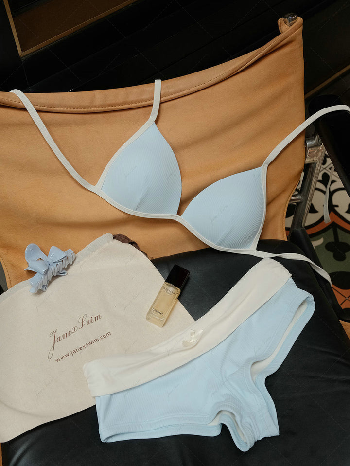 Light Blue Contrast Binding Ribbed Knit Halter Triangle Push Up Bikini Set