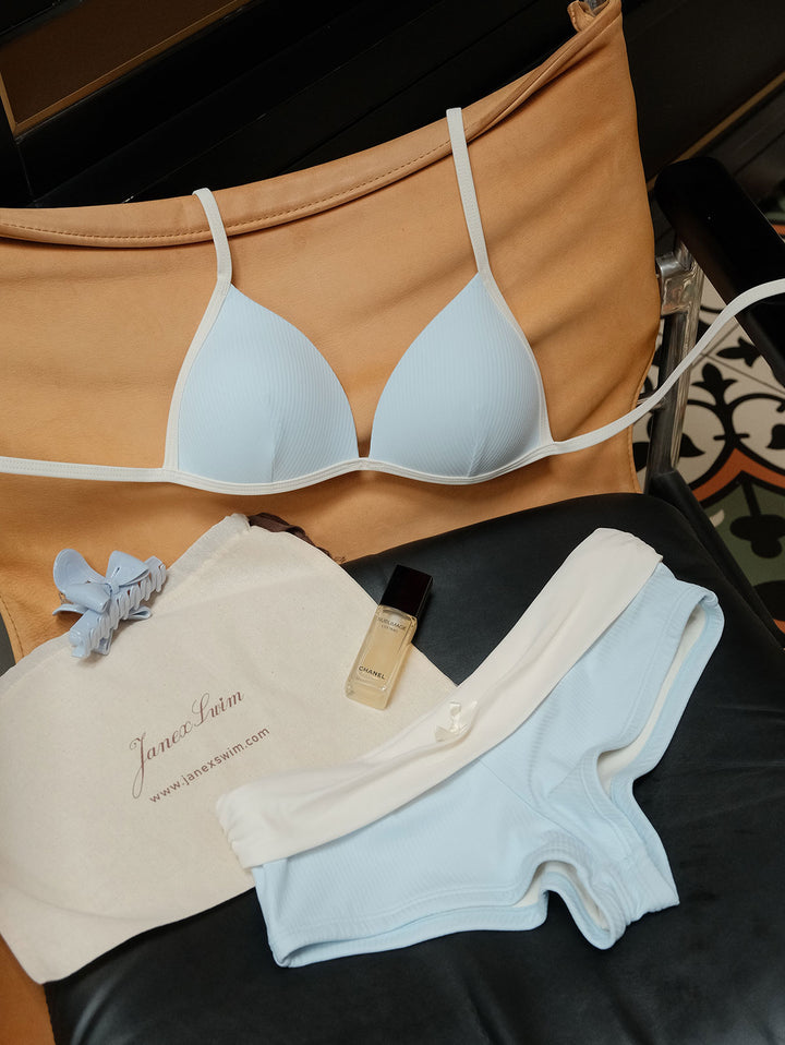 Light Blue Ribbed Knit Ruched Bowknot Foldover Bikini Bottom Cheeky Swim Boyshorts