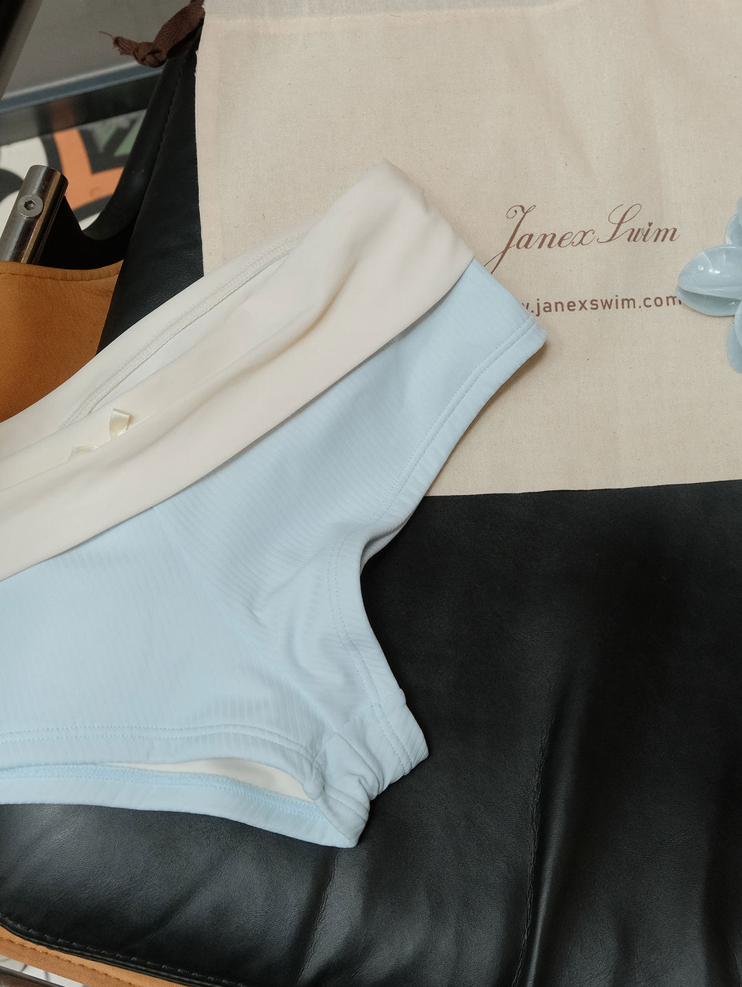 Light Blue Ribbed Knit Ruched Bowknot Foldover Bikini Bottom Cheeky Swim Boyshorts