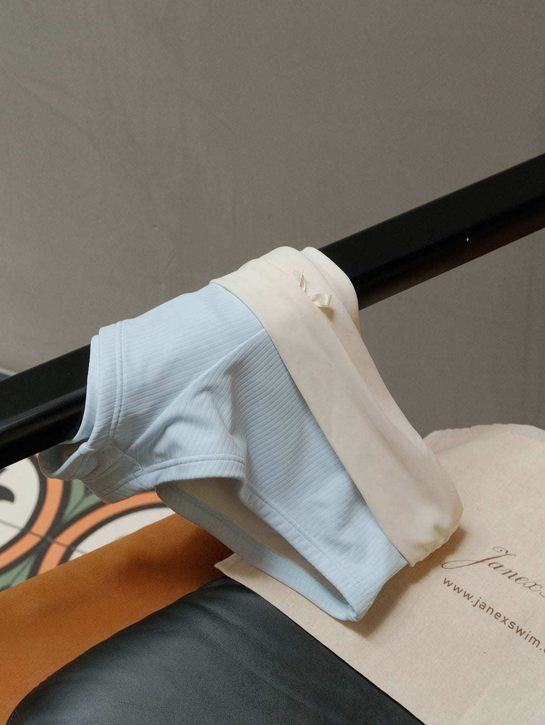 Light Blue Contrast Binding Ribbed Knit Halter Triangle Push Up Bikini Set