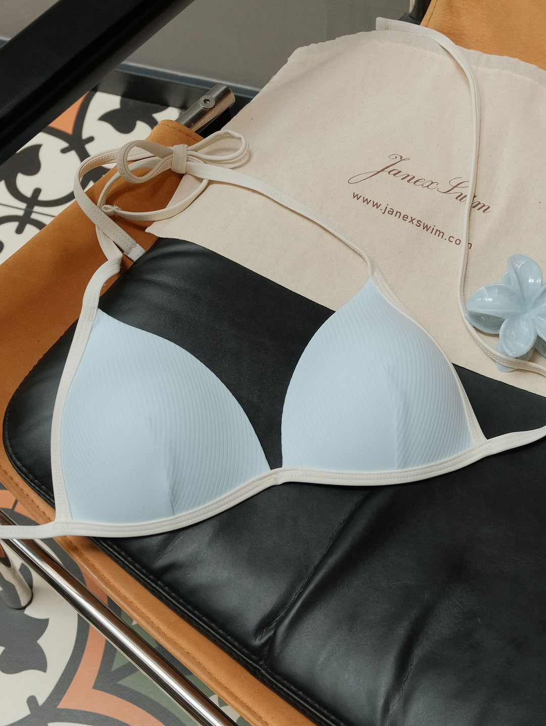 Light Blue Contrast Binding Ribbed Knit Halter Triangle Push Up Bikini Set