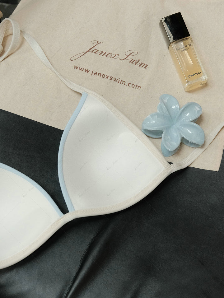 Light Blue Contrast Binding Ribbed Knit Halter Triangle Push Up Bikini Set