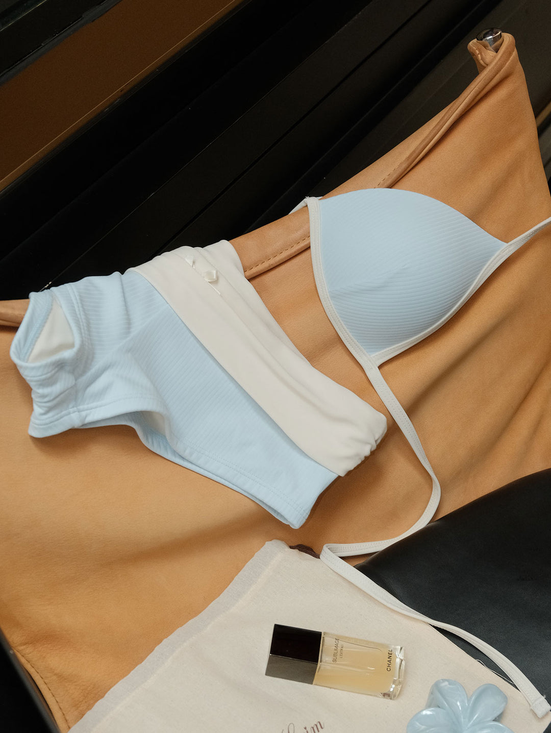 Light Blue Contrast Binding Ribbed Knit Halter Triangle Push Up Bikini Set