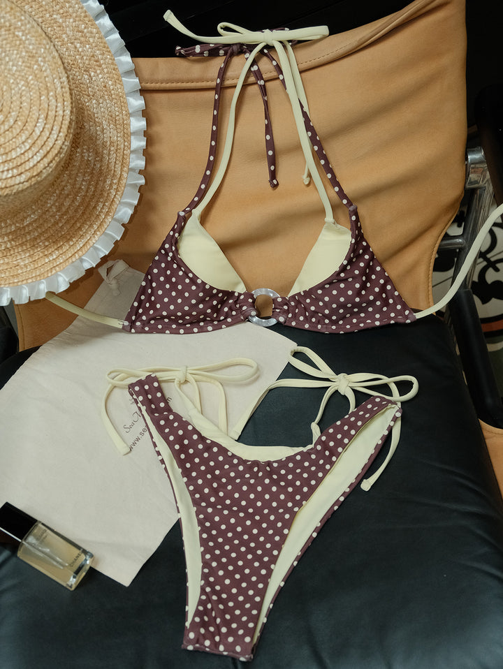 Seamolly Contrast Color Polka Dot Print O Ring Double Layer Bikini Set