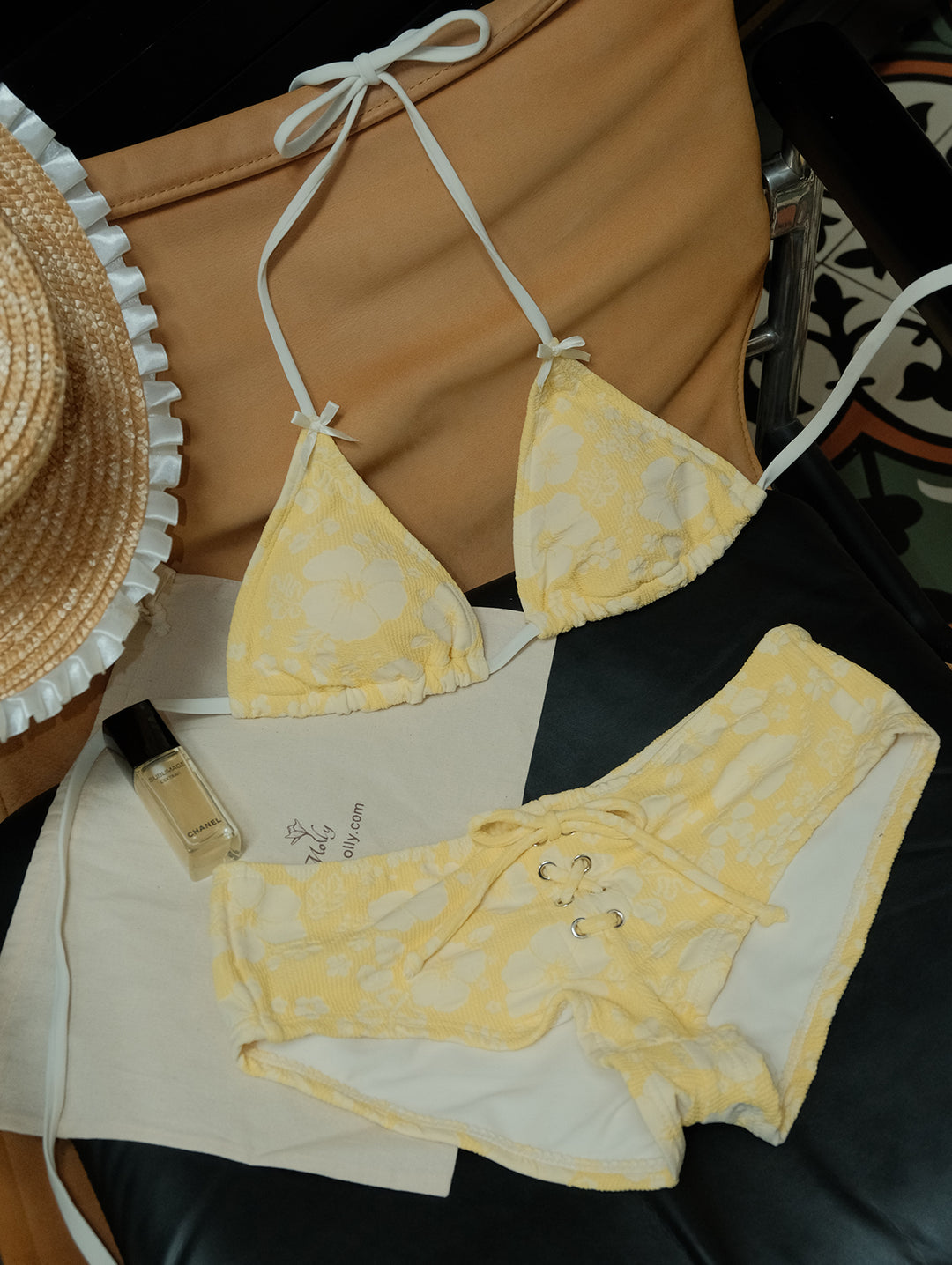 Seamolly Recycled Fabric Jacquard Grommet Lace Up Bikini Bottom Cheeky Swim Boyshorts