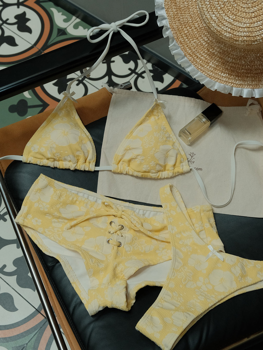 Seamolly Recycled Fabric Jacquard Grommet Lace Up Bikini Bottom Cheeky Swim Boyshorts