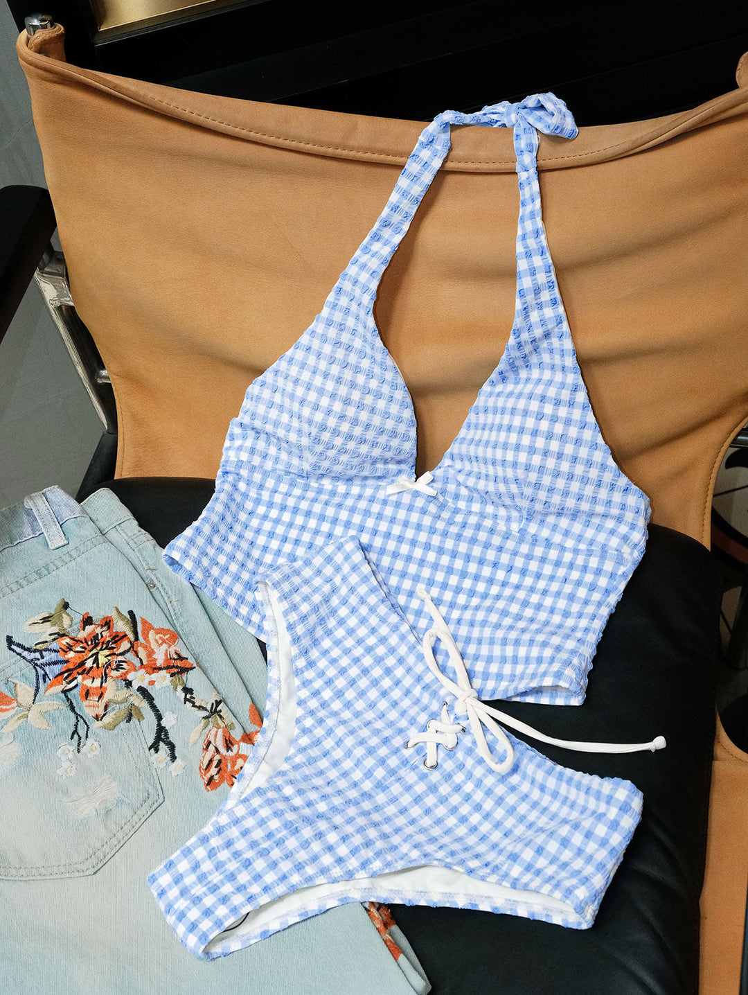 Light Blue Grid Textured Plunging Neck Halter Tied Tankini Set