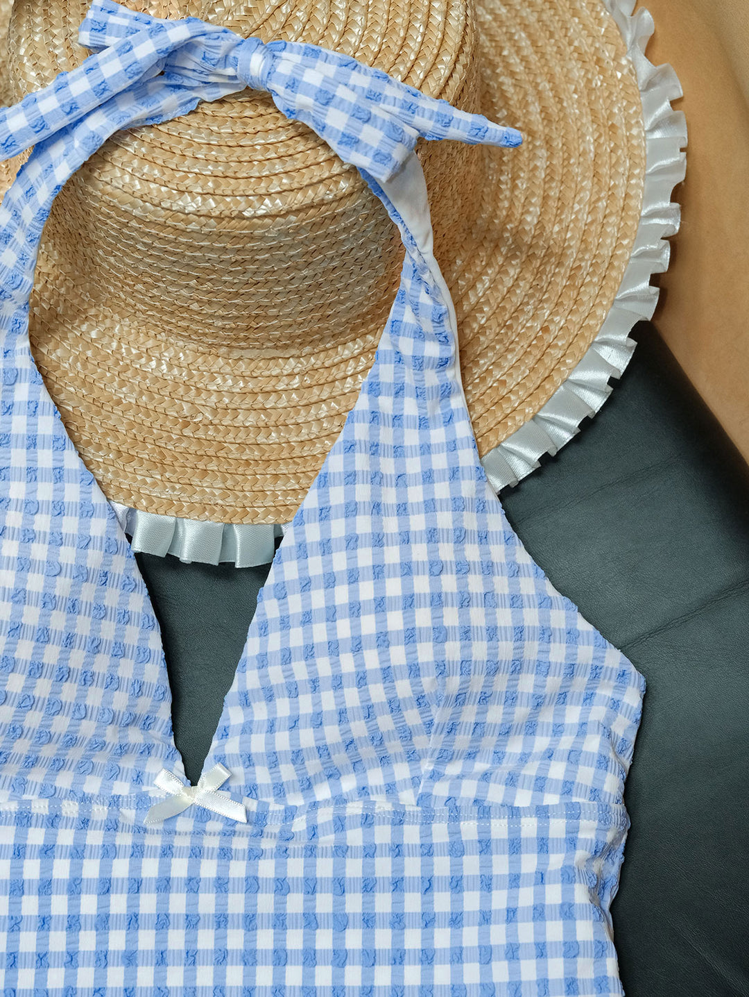 Light Blue Bubble Grid Textured Plunging Neck Halter Tied Tankini Top