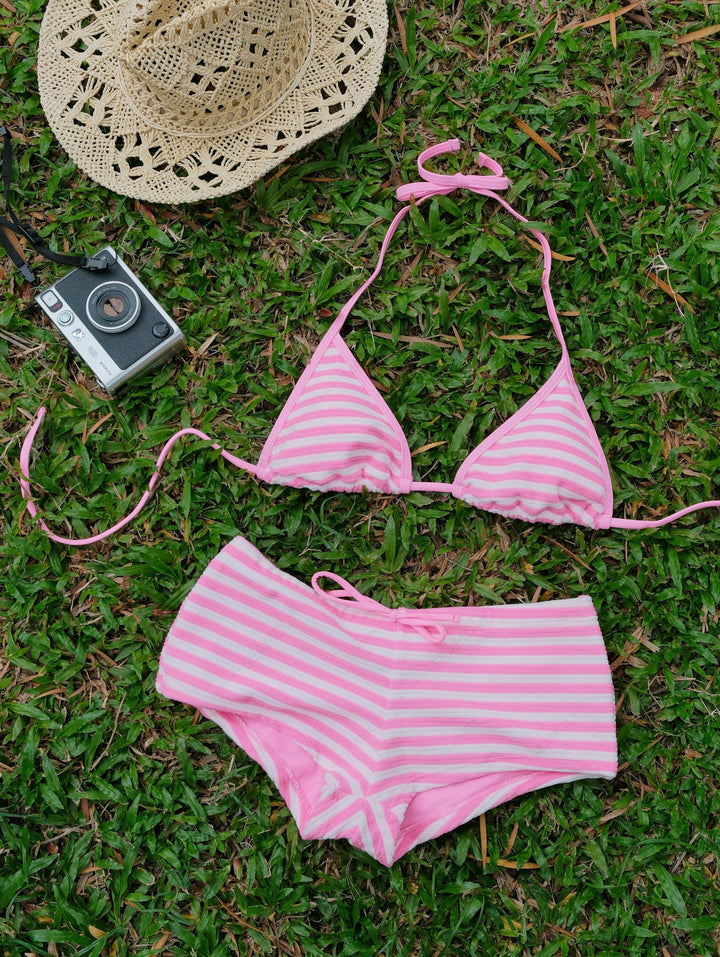 Seamolly Toweling Terry Cloth Striped Contrast Binding Cheeky Boyshorts Bikini Set