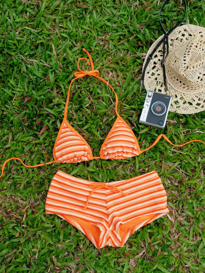 Seamolly Terry Cloth Toweling Striped Binding Cheeky Boyshorts Bikini Set