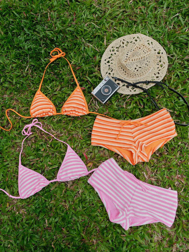 Seamolly Terry Cloth Toweling Striped Binding Cheeky Boyshorts Bikini Set