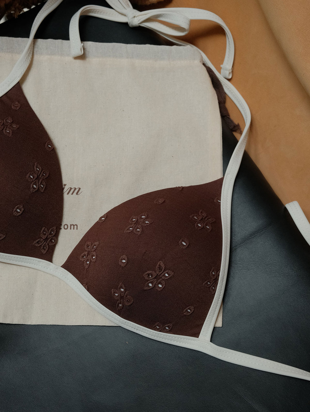 Deep Coffee Recycled Fabric Eyelet Jacquard Triangle Push Up Bikini Top