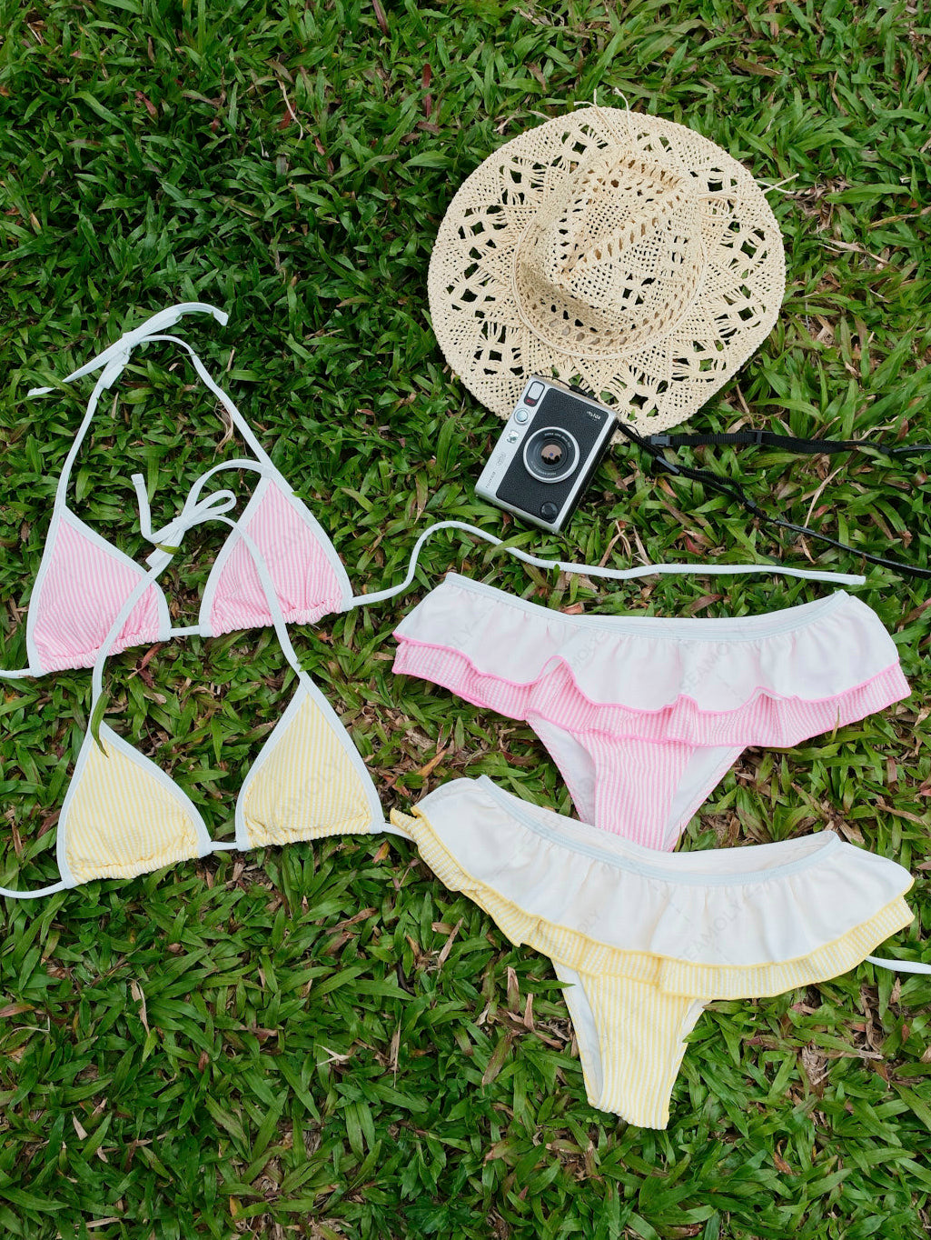 Seamolly Contrast Binding Striped Layered Peplum Halter Triangle Skirtini Bikini Set