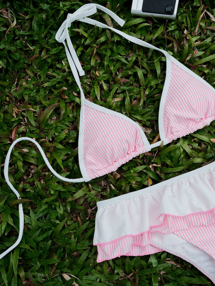 Seamolly Contrast Binding Striped Layered Peplum Halter Triangle Skirtini Bikini Set