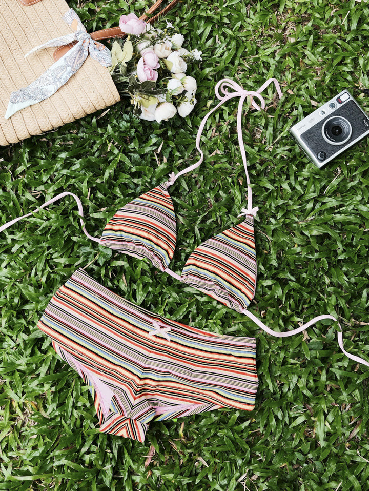 Seamolly Striped Bowknot Halter Triangle Cheeky Boyshorts Bikini Set