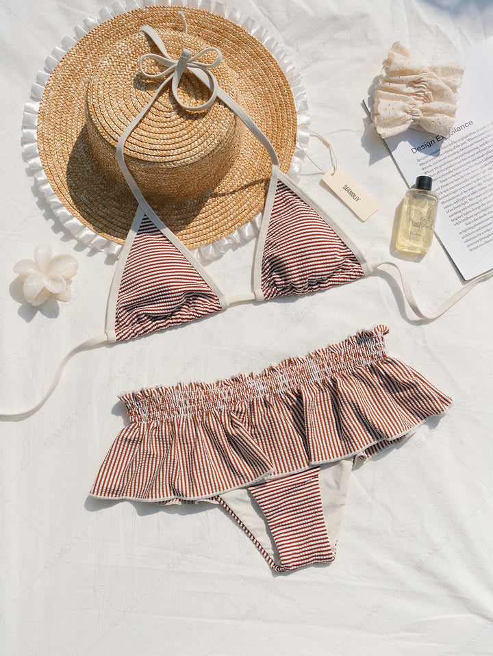 Seamolly Striped Contrast Binding Smocked Peplum Skirtini Bikini Set