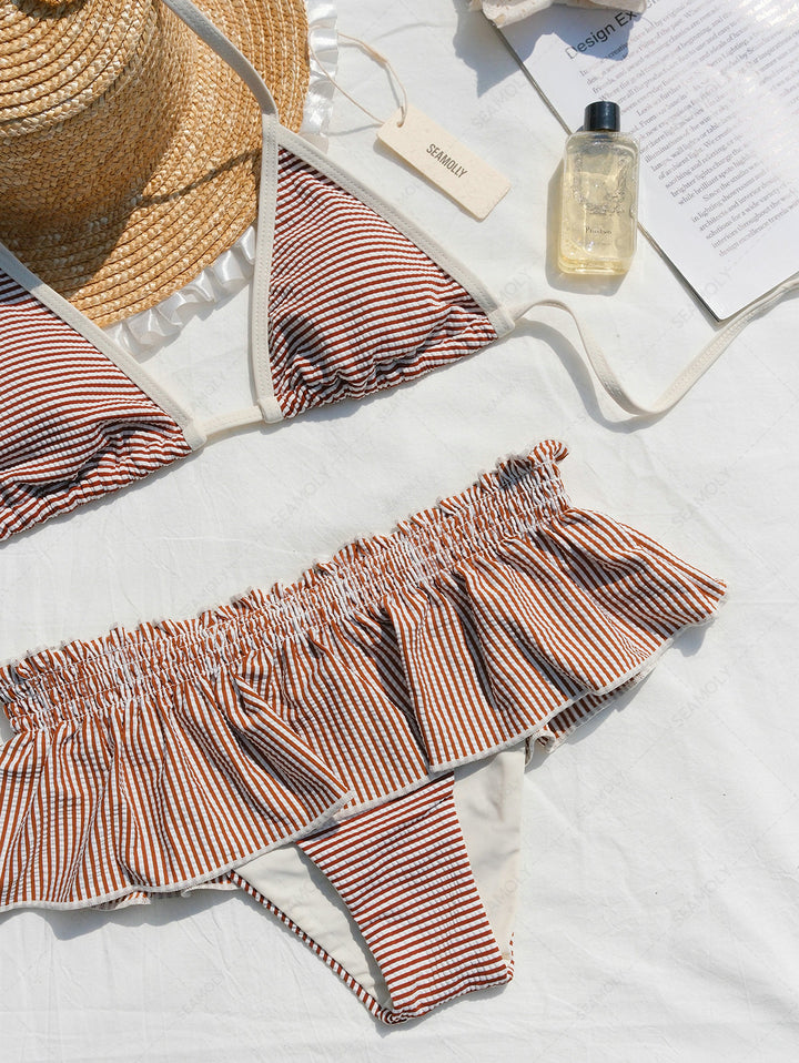 Seamolly Striped Contrast Binding Smocked Peplum Skirtini Bikini Set