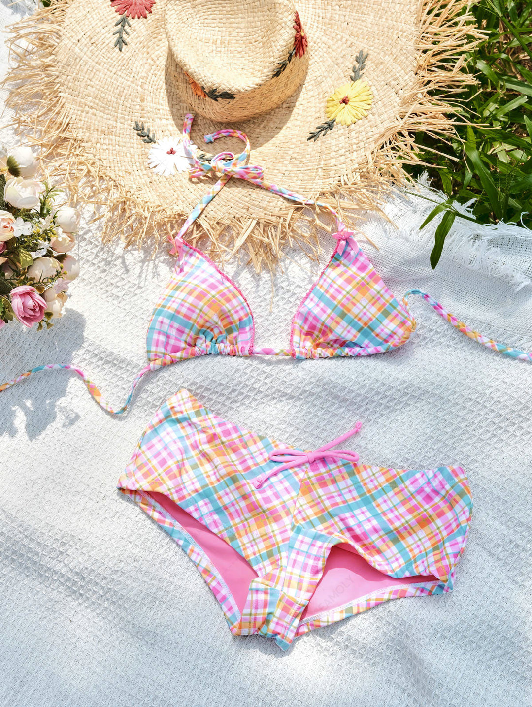 Seamolly 3 Piece Plaid Lace Bowknot Halter Triangle Cheeky Boyshort Bikini Set
