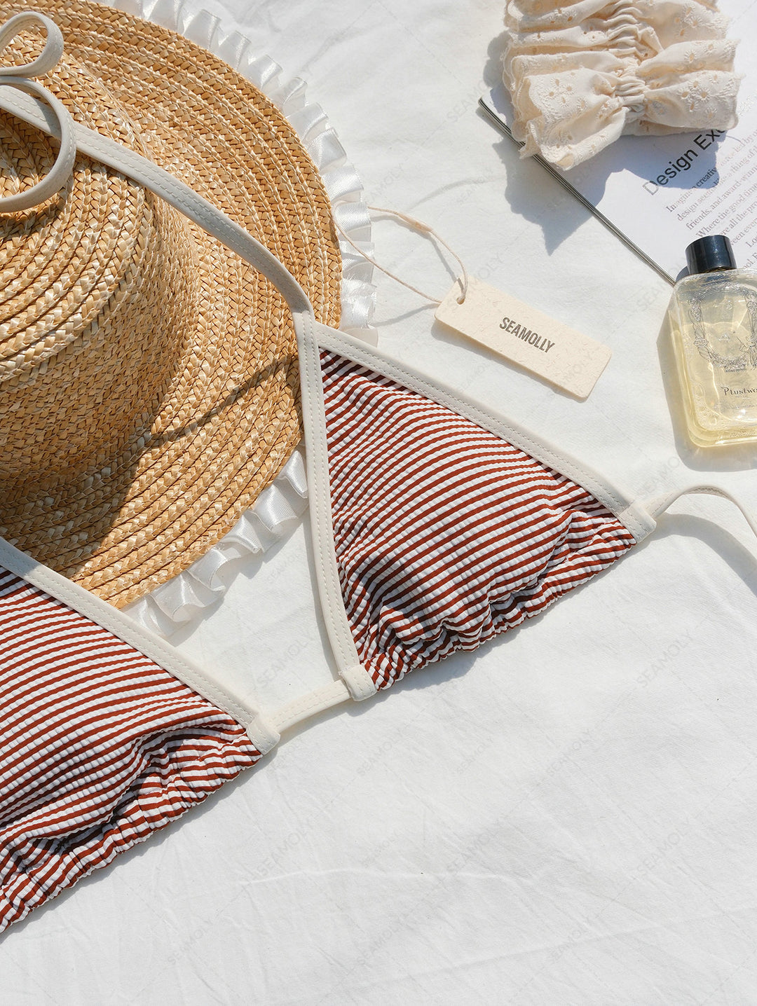 Seamolly Striped Contrast Binding Smocked Peplum Skirtini Bikini Set