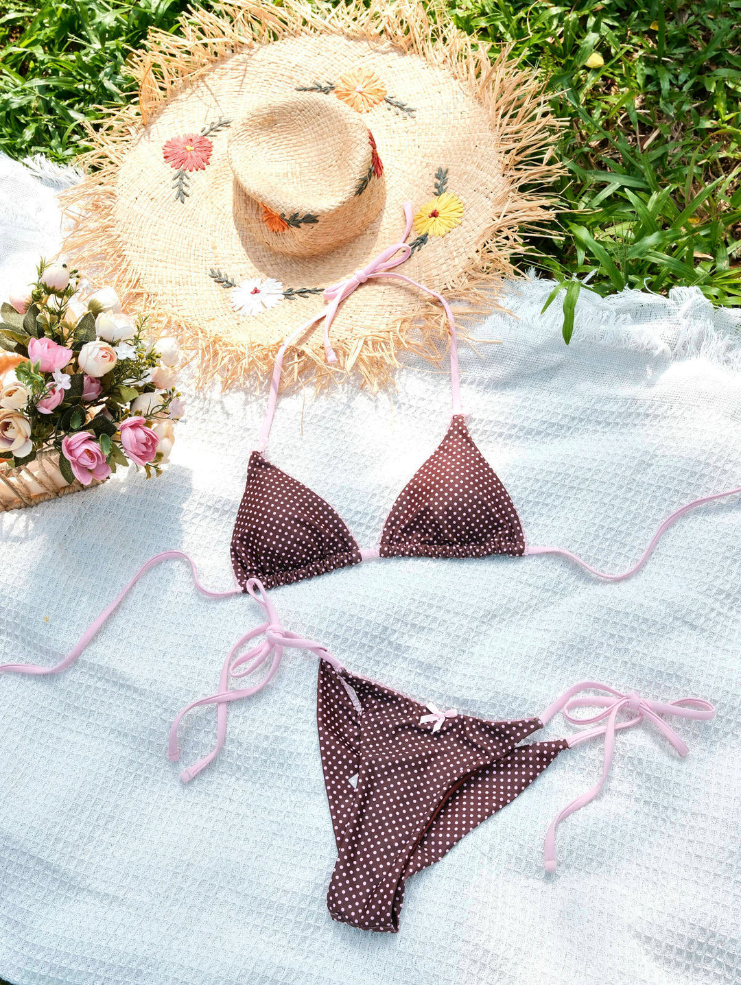 Seamolly Polka Dot Lace Bowknot Triangle Top & Cheeky Brazilian Bottom Bikini Set