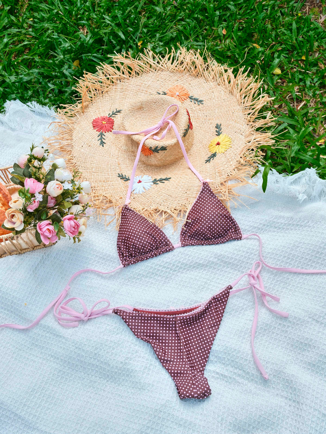 Seamolly Polka Dot Lace Bowknot Triangle Top & Cheeky Brazilian Bottom Bikini Set