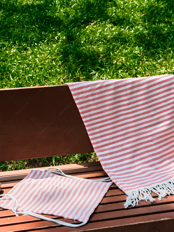 Cotton Striped Tassel Trim Beach Towel With Backpack