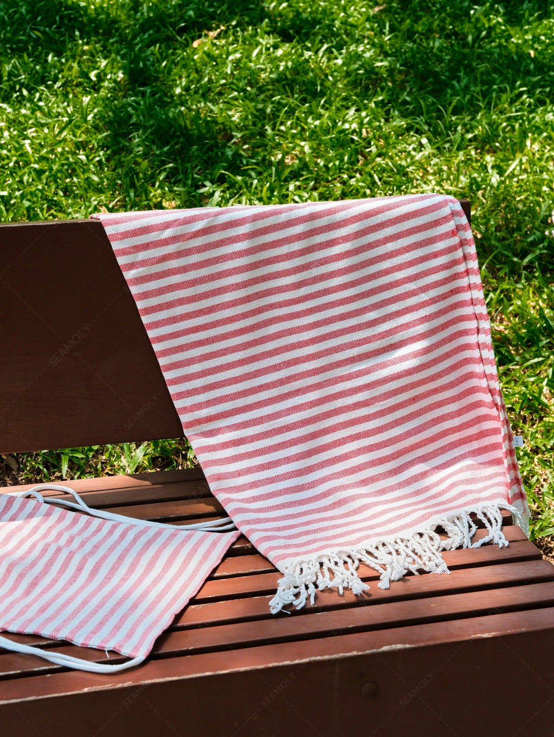 Cotton Striped Tassel Trim Beach Towel With Backpack