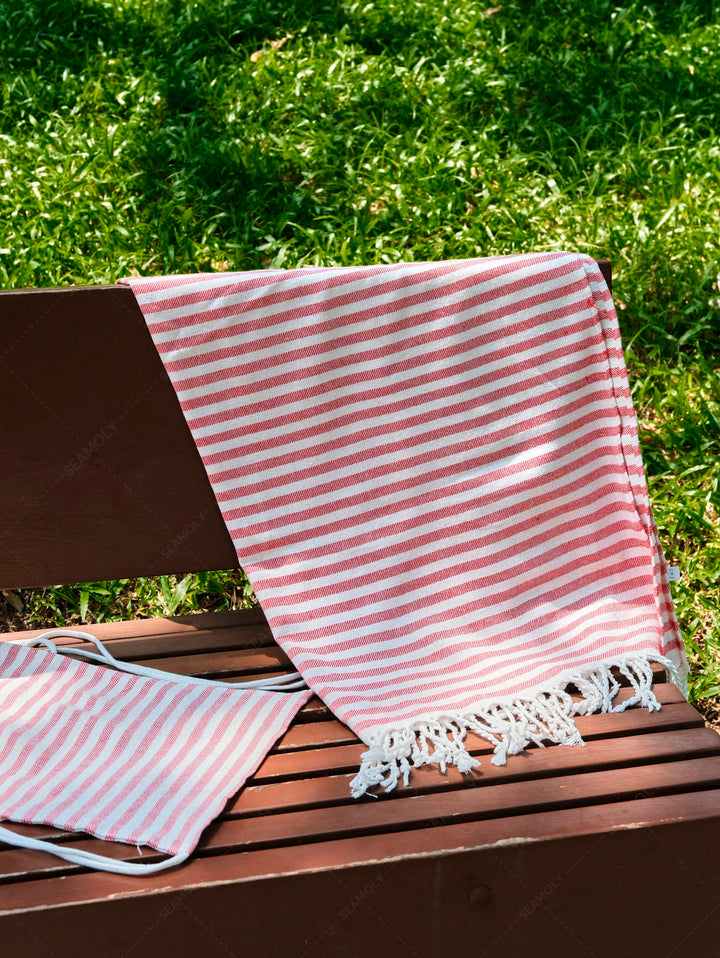 Cotton Striped Tassel Trim Beach Towel With Backpack