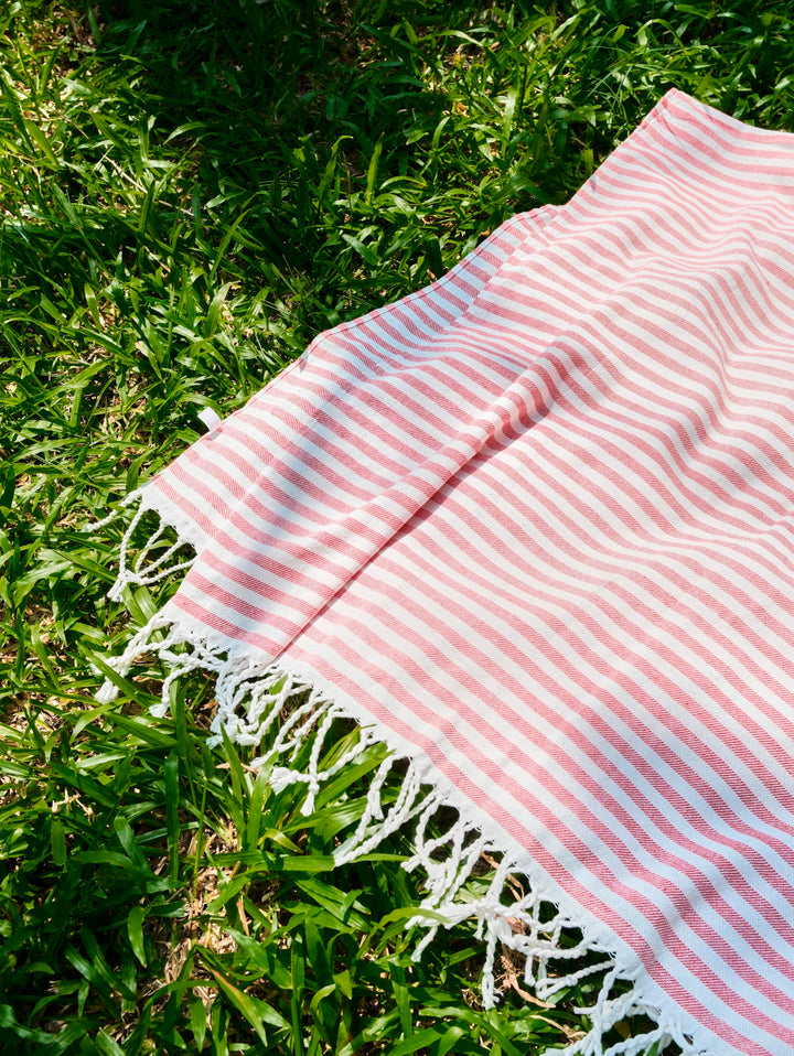 Cotton Striped Tassel Trim Beach Towel With Backpack