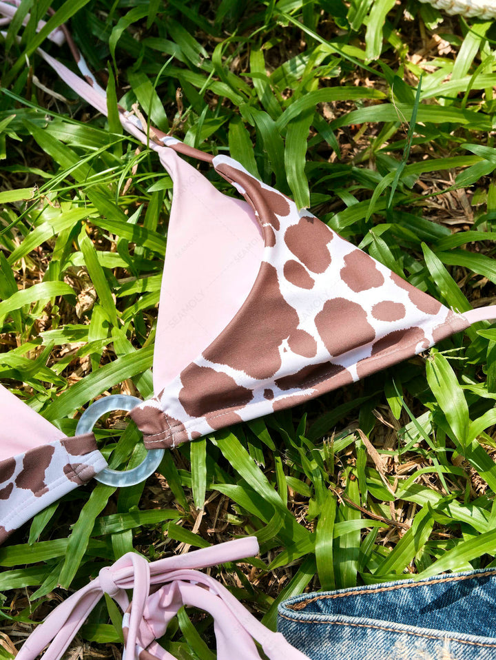Seamolly Contrast Color Cow Print O Ring Double Layer Bikini Set