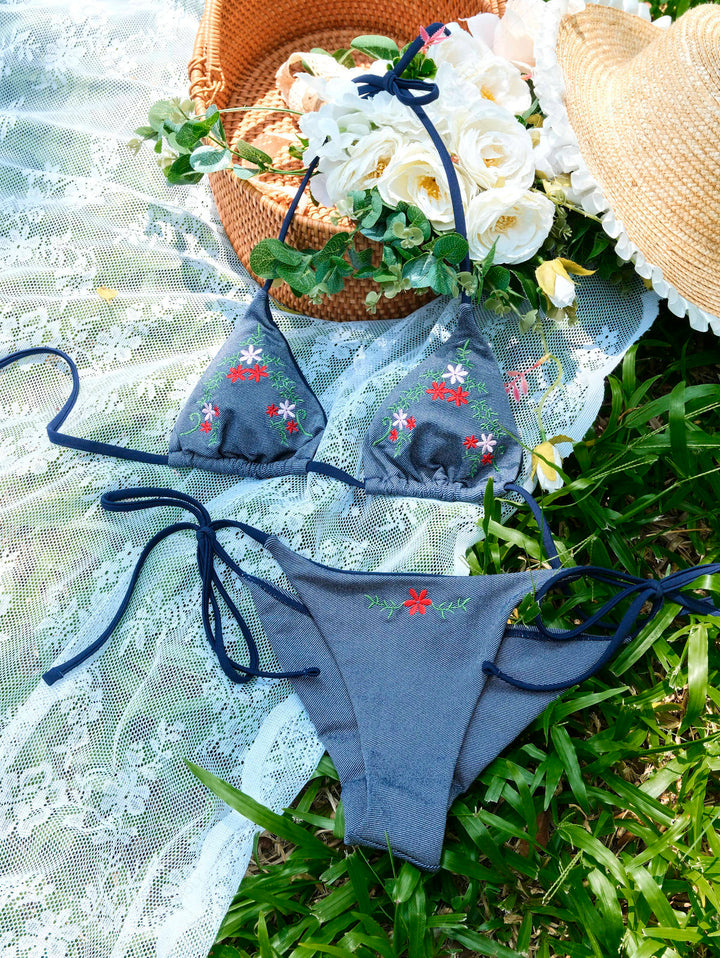 Seamolly 3 Piece Denim Embroidery Triangle Brazilian Cheeky Boyshort Bikini Set