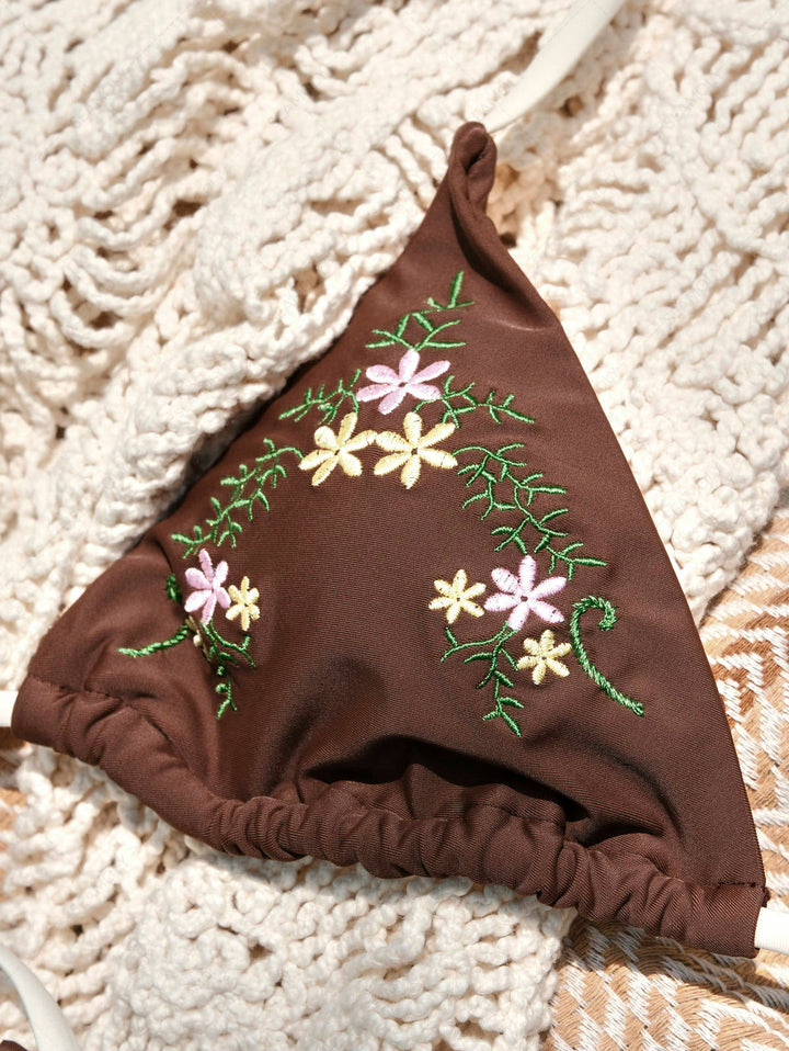 Seamolly Vintage Embroidery Halter Triangle Top & Cheeky Brazilian Bottom Bikini Set