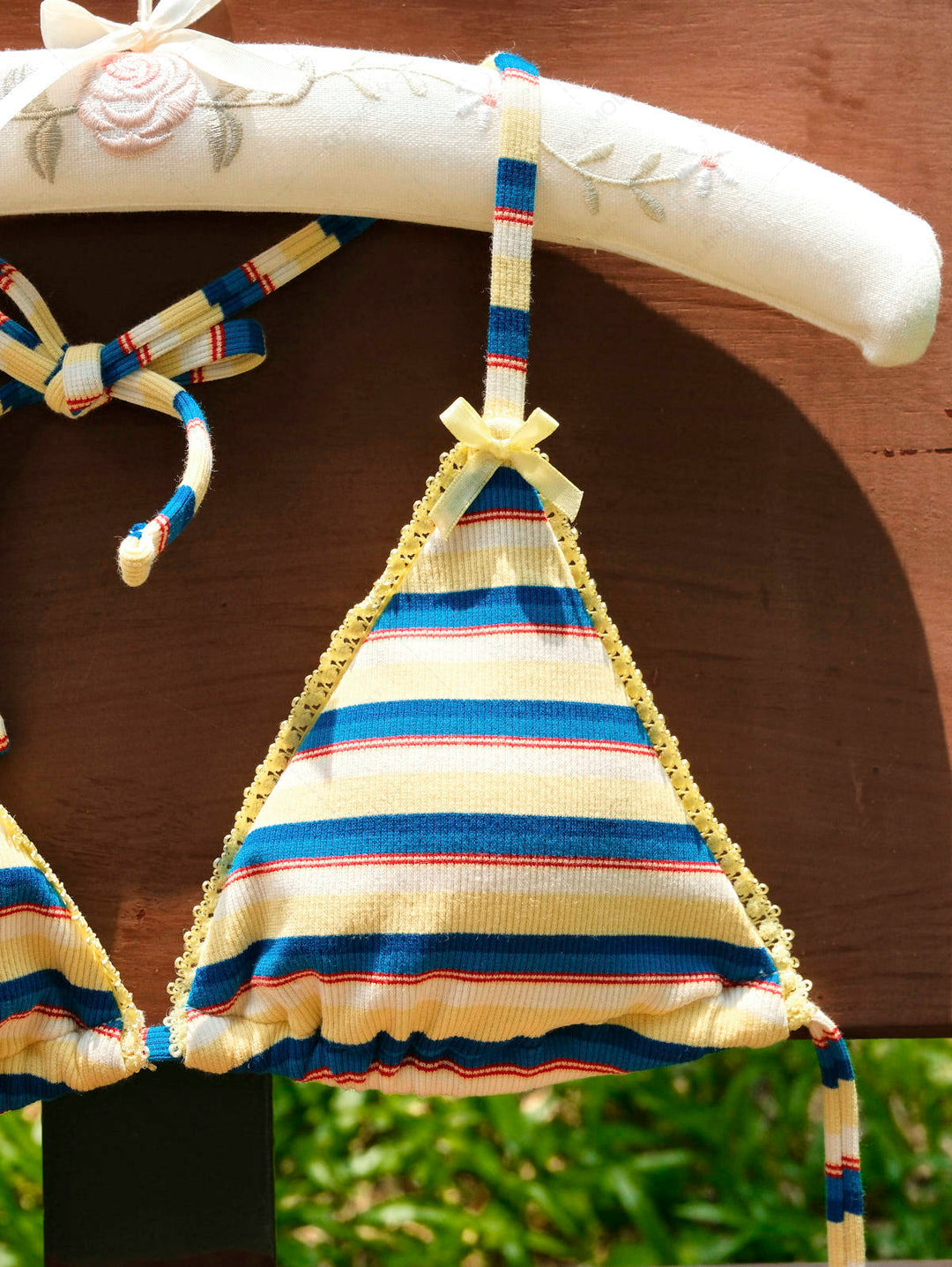 Seamolly Striped Lace Bowknot Triangle Cheeky Bikini Set