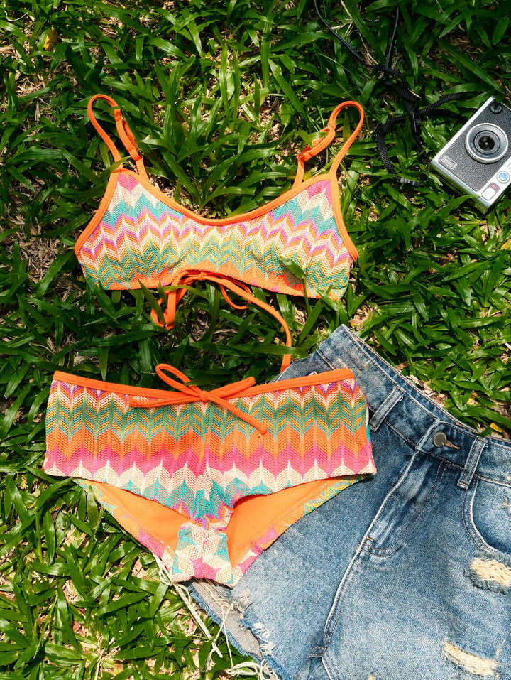 Seamolly Geometric Open-knit Textured Bralette Cheeky Boyshorts Bikini Set