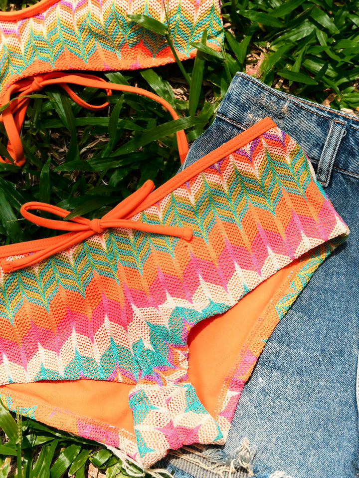 Seamolly Geometric Open-knit Textured Bralette Cheeky Boyshorts Bikini Set