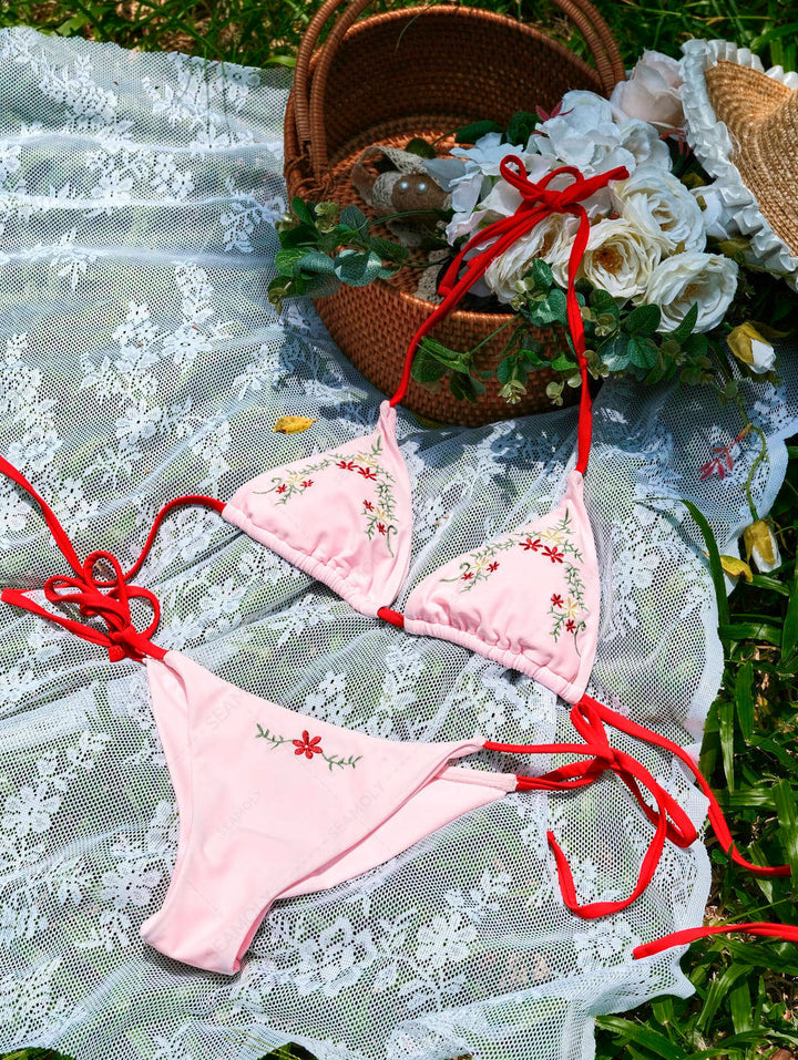 Seamolly Embroidery Halter Triangle Top & Cheeky Brazilian Bottom Bikini Set