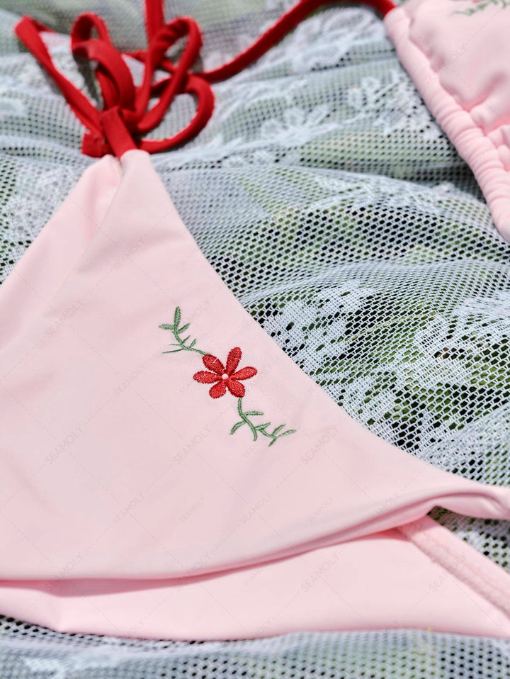 Seamolly Embroidery Halter Triangle Top & Cheeky Brazilian Bottom Bikini Set