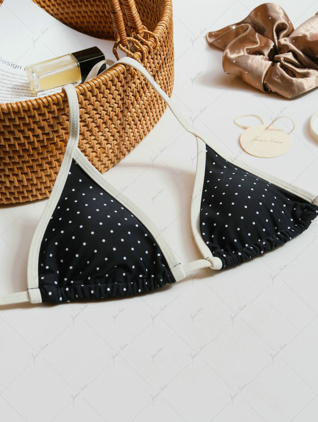 Black Polka Dot Contrast Binding Halter Triangle Bikini Set